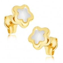 Glossy earrings made of gold 14K - two-tone flower with five petals