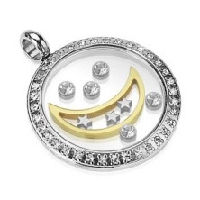 Pendant made of surgical steel - circle with moon, stars and zircons