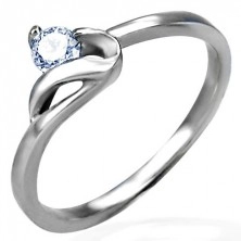 Engagement ring in silver colour, 316L steel, round clear zircon and wavy shoulder