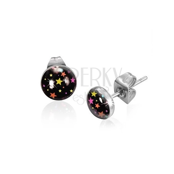 Earrings made of steel, black circles with colourful stars
