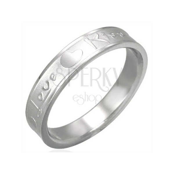 Steel ring of silver colour, matte middle and shiny edges, Love & Kiss