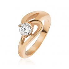 Ring made of steel in gold colour, wavy line and clear zircon