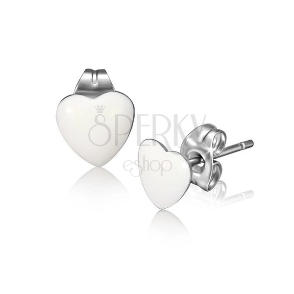 Steel earrings, shiny white symmetrical hearts