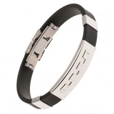 Black bracelet made of rubber, steel plate with jagged pattern