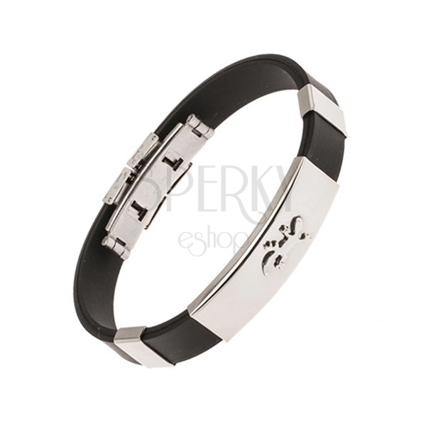 Rubber bracelet in black colour, plate with lizard