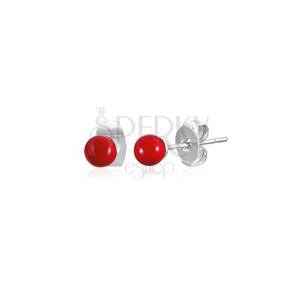 Earrings made of steel with red resinous ball