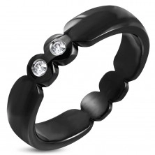 Black ring with notches and round clear zircons, 316L steel