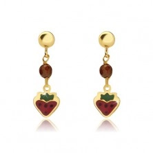 Gold earrings - flat red and green strawberry, ball, glaze