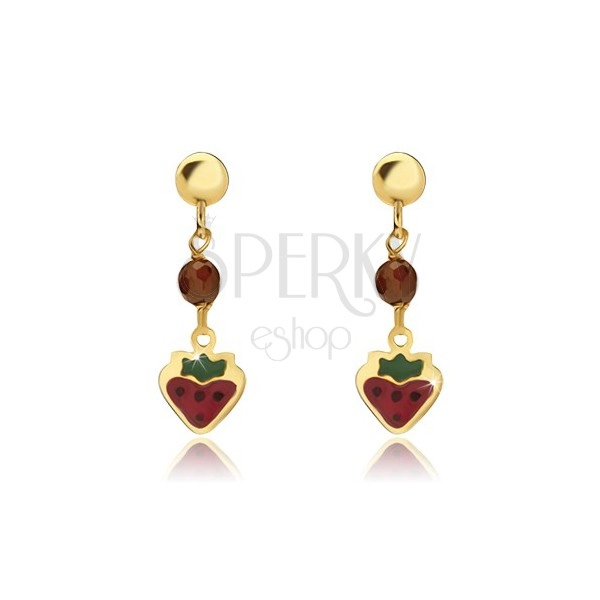 Gold earrings - flat red and green strawberry, ball, glaze