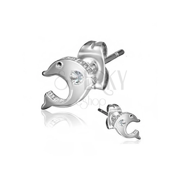 Steel earrings with zircon, jumping dolphin