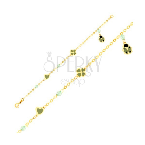 Bracelet made of yellow 9K gold - chain, heart, shamrock, enamel ladybird, balls