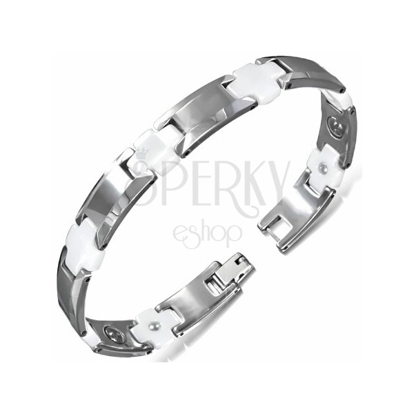 Bracelet made of tungsten links, white ceramic crosses