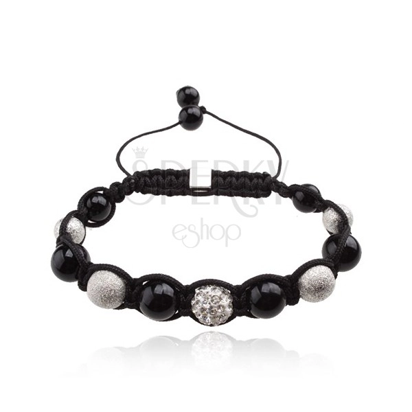 Shamballa bracelet, black and silver beads, clear zircon ball