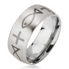 Matt steel ring - silver band, cross and fish imprint
