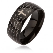 Black ring made of steel, silver cross, Lord's prayer