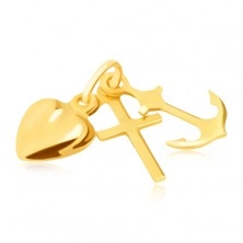 Triple pendant made of 14K gold - anchor, heart and cross, shiny and smooth