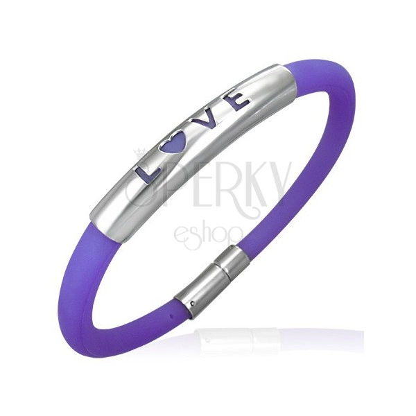 Rubber bracelet in a purple shade - metal plate with a writing LOVE