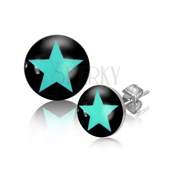 Stud earrings made of steel, blue star on black background