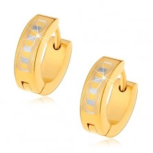 Shiny round earrings made of 316L steel in gold hue with Greek pattern