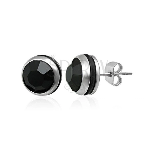 Round earrings made of 316L steel with black zircon and rubber band, studs