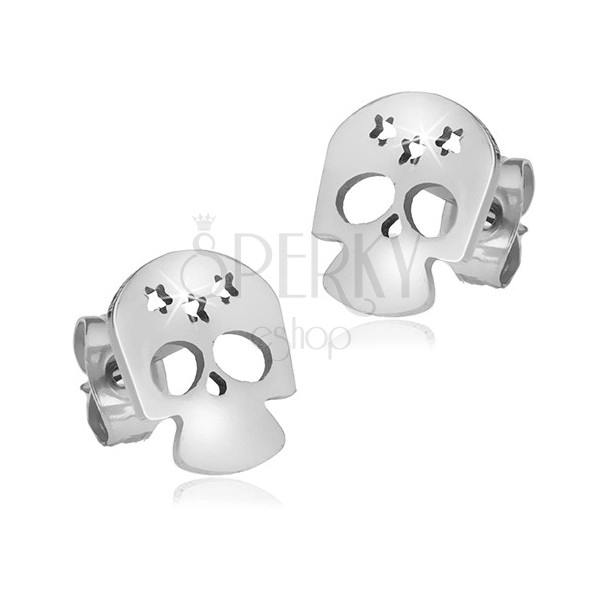 Shiny steel earrings, skull with three star cut-outs