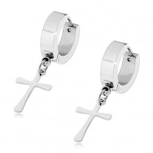 Steel earrings in silver colour with dangling cross, hinged snap fastening