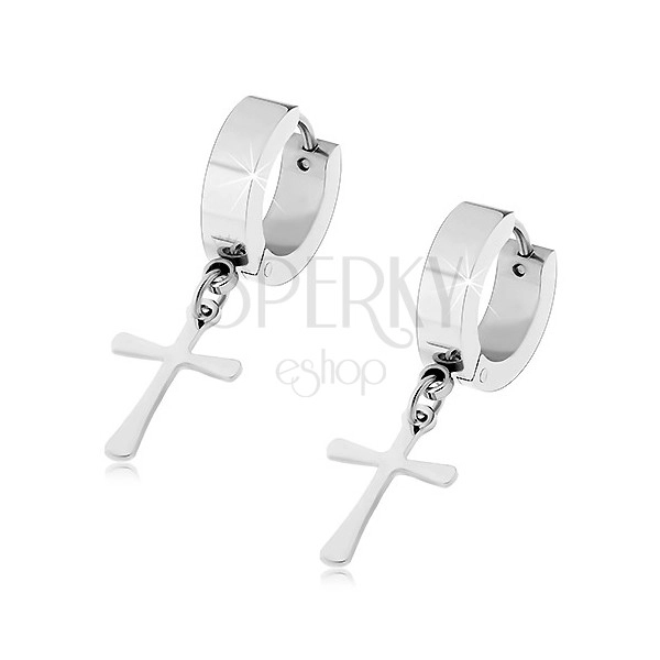 Steel earrings in silver colour with dangling cross, hinged snap fastening