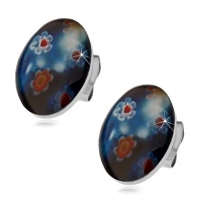 Stud steel earrings, blue oval with coloured flowers
