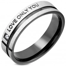 Stainless steel ring with zircon, black stripe and inscription