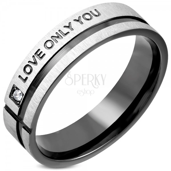 Stainless steel ring with zircon, black stripe and inscription