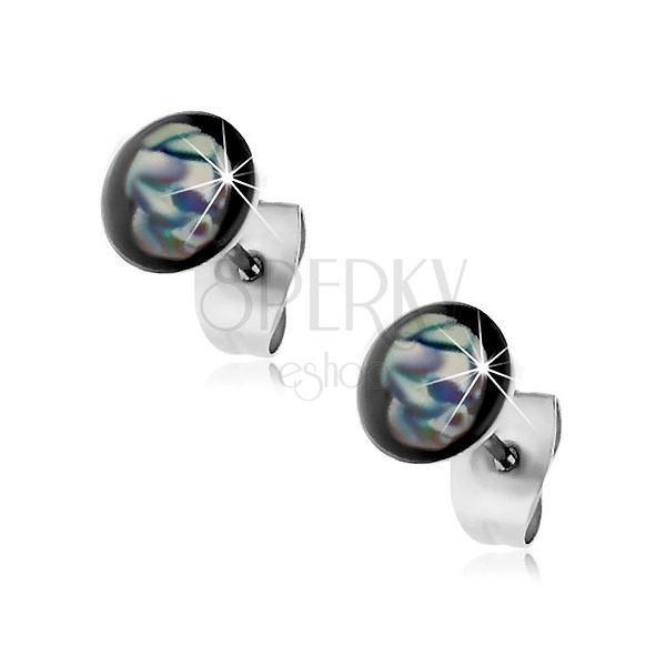 Stud earrings made of 316L steel, blue-white skull, black background