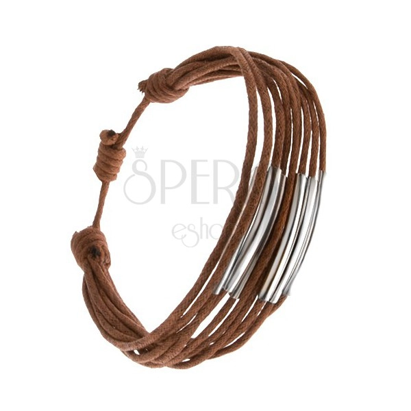 Multi bracelet, coffee brown strings with shiny smooth tubes