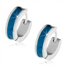 Earrings made of stainless steel with carved blue middle stripe