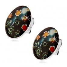 Earrings made of 316L steel, black oval with coloured flowers, studs