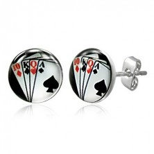Stud earrings made of steel - playing cards on black background
