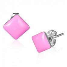 Stud earrings made of steel - shiny squares in pink colour
