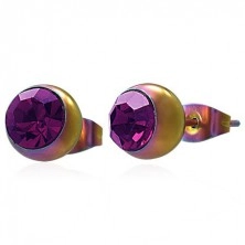 Earrings made of 316L steel, rainbow balls with pink-violet zircon 