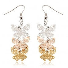 Tricolour steel earrings - dangling, flat cut-out butterflies