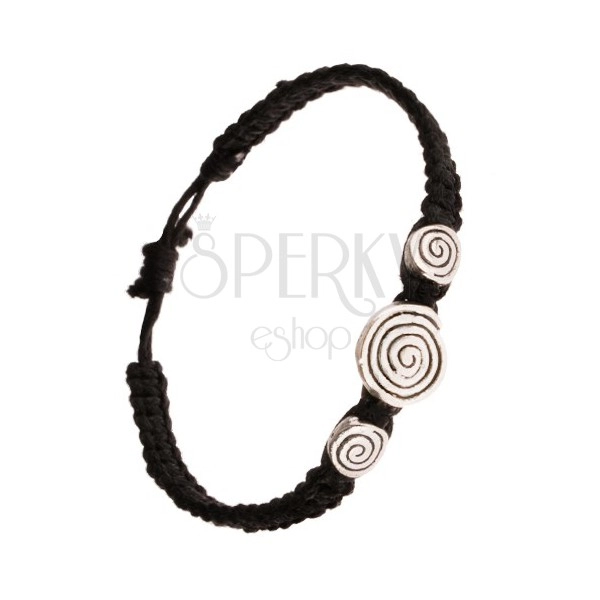 Black bracelet made of braided strands, three spirals