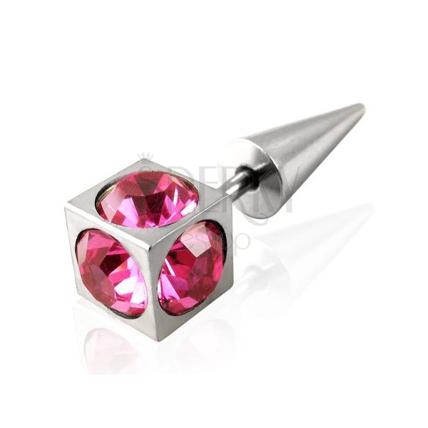 Fake plug in a silver colour - a cube with pink round zircons, short tip