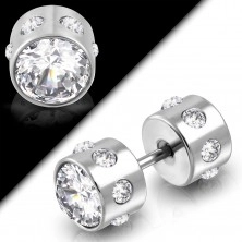 Fake steel piercing two-sided with cut zircons in clear colour
