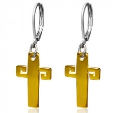 Steel earrings in gold colour, cross with Greek key