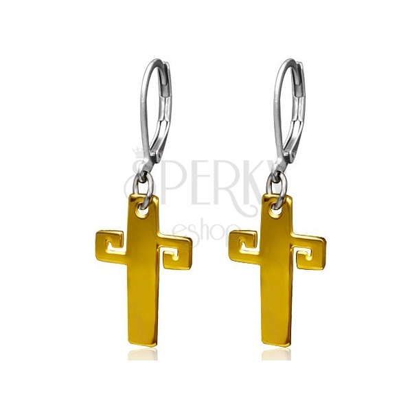 Steel earrings in gold colour, cross with Greek key