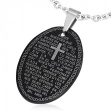 Black oval pendant made of stainless steel, prayer and Greek key