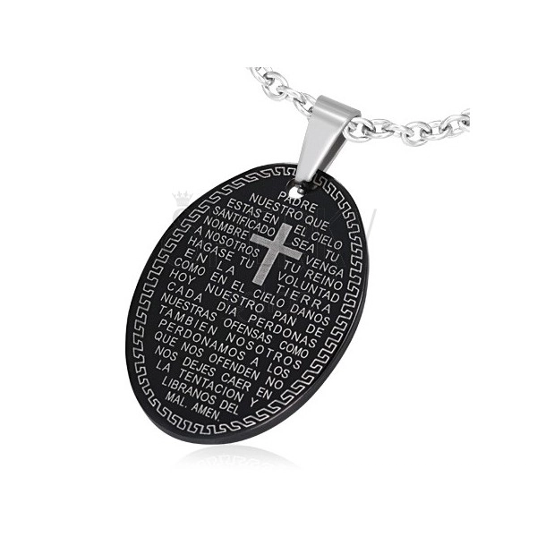 Black oval pendant made of stainless steel, prayer and Greek key