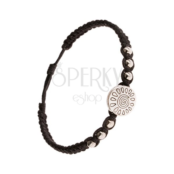 Black braided bracelet, plate with spiral and teardrops, shiny beads