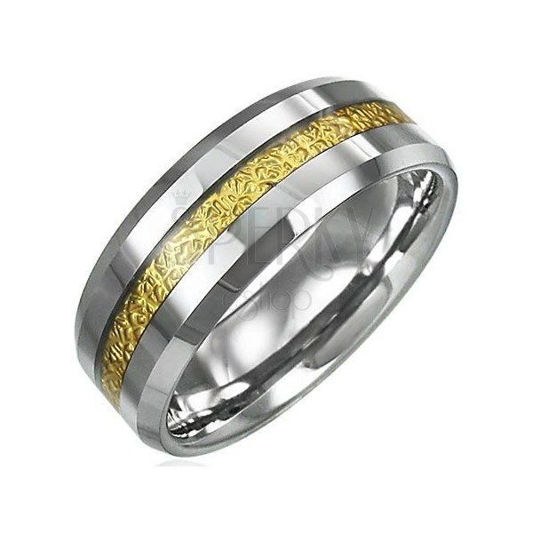 Tungsten ring with patterned strip in gold colour, 8 mm