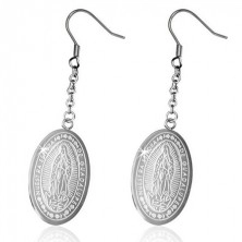 Dangling steel earrings, engraved oval with Virgin Mary