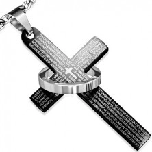 Steel pendant, black cross with prayer, silver ring