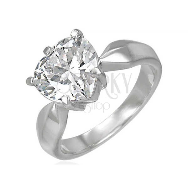 Engagement ring with big clear zircon in the shape of heart